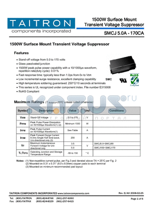 SMCJ10CA datasheet - 1500W Surface Mount Transient Voltage Suppressor