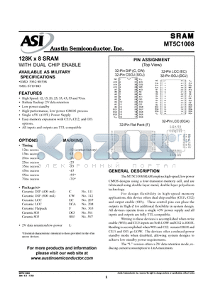 MT5C1008DCJ-20L/883C datasheet - 128K x 8 SRAM WITH DUAL CHIP ENABLE AVAILABLE AS MILITARY SPECIFICATIONS