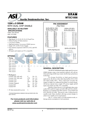 MT5C1008EC-15 datasheet - 128K x 8 SRAM WITH DUAL CHIP ENABLE AVAILABLE AS MILITARY SPECIFICATIONS