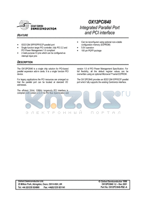 OX12PCI840 datasheet - Integrated Parallel Port and PCI interface