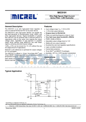 MIC5191BML datasheet - Ultra High-Speed, High-Current Active Filter / LDO Controller