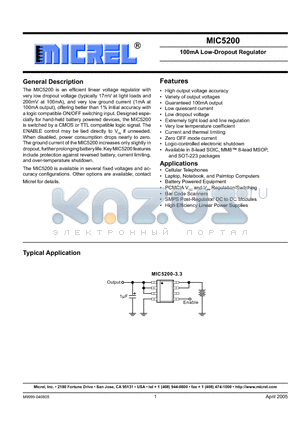 MIC5200-3.3BS datasheet - 100mA Low-Dropout Regulator