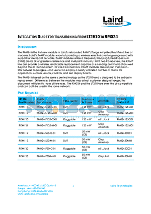 PRM122 datasheet - The RM024 is the first new module in Lairds rebranded RAMP (Range Amplified MultiPoint) line of modules.