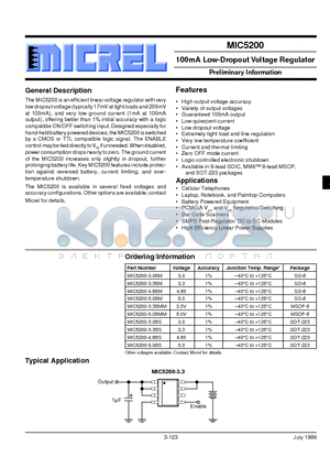 MIC5200-5.0BM datasheet - 100mA Low-Dropout Voltage Regulator Preliminary Information