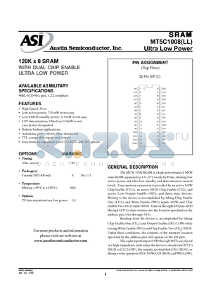 MT5C1008LL datasheet - 128K x 8 SRAM WITH DUAL CHIP ENABLE ULTRA LOW POWER