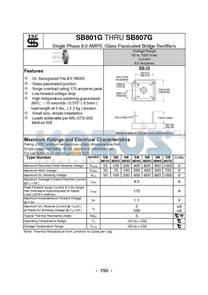 SB803G datasheet - Single Phase 8.0 AMPS. Glass Passivated Bridge Rectifiers