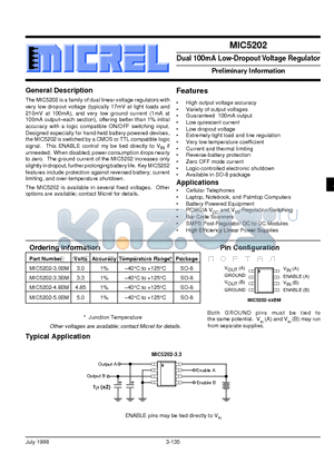 MIC5202-5.0BM datasheet - Dual 100mA Low-Dropout Voltage Regulator Preliminary Information