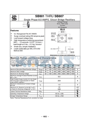 SB805 datasheet - Single Phase 8.0 AMPS. Silicon Bridge Rectifiers