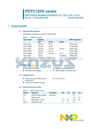 PDTC124XE datasheet - NPN resistor-equipped transistors; R1 = 22 kY, R2 = 47 kY