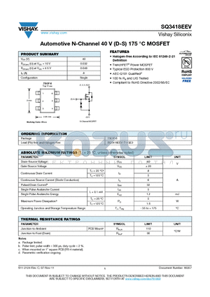 SQ3418EEV-T1-GE3 datasheet - Automotive N-Channel 40 V (D-S) 175 `C MOSFET
