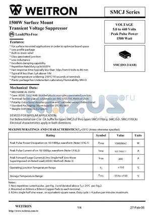 SMCJ11CA datasheet - 1500W Surface Mount Transient Voltage Suppressor