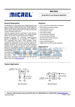 MIC5203-2.8YM5 datasheet - lCap 80mA Low-Dropout Regulator