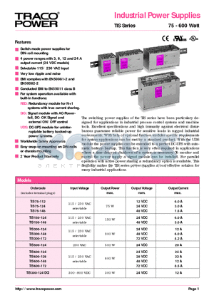 TIS600-124RED datasheet - Industrial Power Supplies (TIS Series, 75-600 Watt)