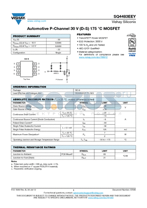 SQ4483EEY datasheet - Automotive P-Channel 30 V (D-S) 175 `C MOSFET
