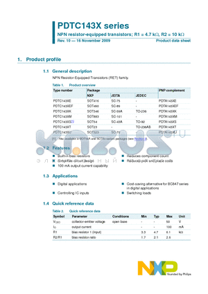 PDTC143XT datasheet - NPN resistor-equipped transistors; R1 = 4.7 kY, R2 = 10 kY