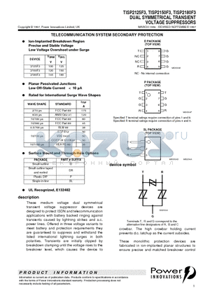 TISP2125F3 datasheet - DUAL SYMMETRICAL TRANSIENT VOLTAGE SUPPRESSORS