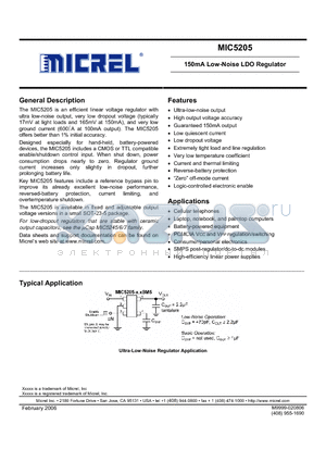 MIC5205-2.5BM5 datasheet - 150mA Low-Noise LDO Regulator
