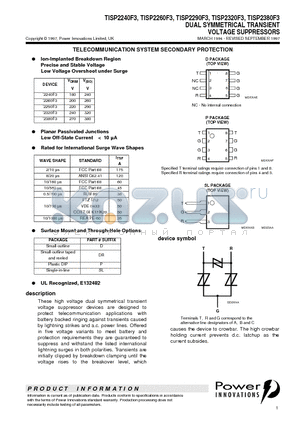 TISP2240F3 datasheet - DUAL SYMMETRICAL TRANSIENT VOLTAGE SUPPRESSORS