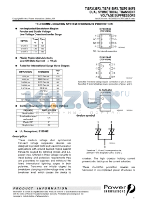 TISP3180F3 datasheet - DUAL SYMMETRICAL TRANSIENT VOLTAGE SUPPRESSORS