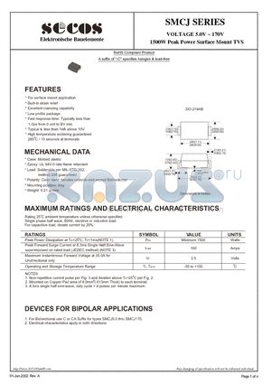 SMCJ12C datasheet - 1500W Peak Power Surface Mount TVS