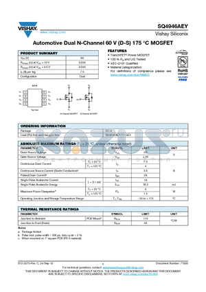 SQ4946AEY datasheet - Automotive Dual N-Channel 60 V (D-S) 175 `C MOSFET