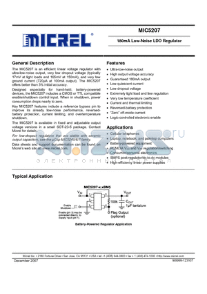 MIC5207-3.0BM5 datasheet - 180mA Low-Noise LDO Regulator