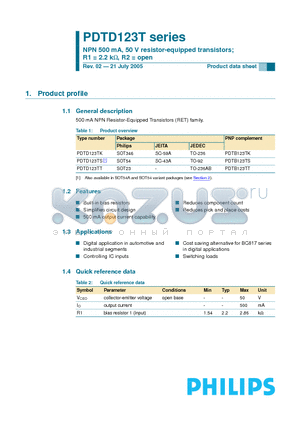 PDTD123TK datasheet - NPN 500 mA, 50 V resistor-equipped transistors; R1 = 2.2 k-ohm, R2 = open