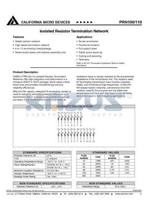 PRN100 datasheet - Isolated Resistor Termination Network