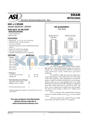 MT5C2565 datasheet - 64K x 4 SRAM MEMORY ARRAY