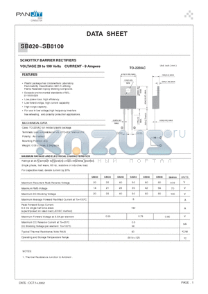 SB850 datasheet - SCHOTTKY BARRIER RECTIFIERS(VOLTAGE 20 to 100 Volts CURRENT - 8 Ampere)