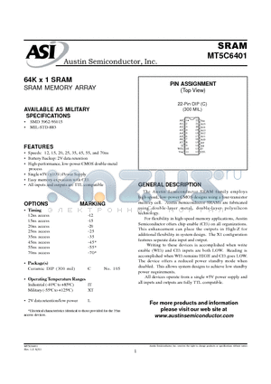 MT5C6401 datasheet - 64K x 1 SRAM SRAM MEMORY ARRAY