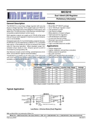MIC5210 datasheet - Dual 150mA LDO Regulator Preliminary Information