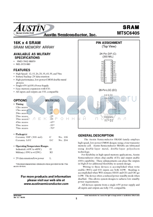 MT5C6405C-15L/XT datasheet - 16K x 4 SRAM SRAM MEMORY ARRAY