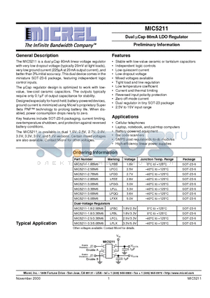 MIC5211-1.8BM6 datasheet - Dual lCap 80mA LDO Regulator Preliminary Information