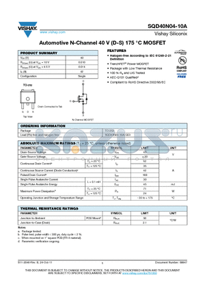 SQD40N04-10A datasheet - Automotive N-Channel 40 V (D-S) 175 `C MOSFET
