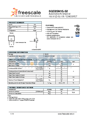 SQD25N15-52 datasheet - Automotive N-Channel 150 V (D-S) 175 `C MOSFET