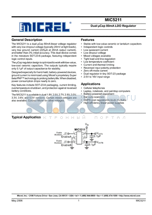 MIC5211-BCYM6 datasheet - Dual lCap 80mA LDO Regulator