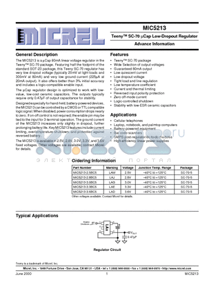 MIC5213 datasheet - Teeny SC-70 lCap Low-Dropout Regulator Advance Information