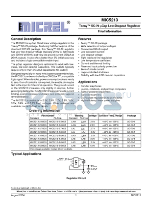 MIC5213-2.5BC5 datasheet - Teeny SC-70 lCap Low-Dropout Regulator