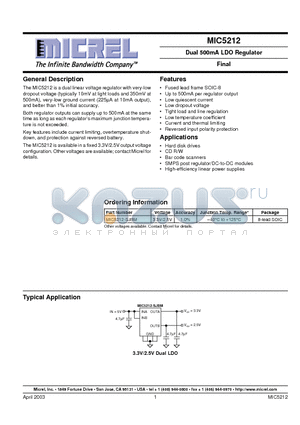 MIC5212 datasheet - Dual 500mA LDO Regulator