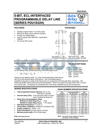 PDU1032H-1 datasheet - 5-BIT, ECL-INTERFACED PROGRAMMABLE DELAY LINE (SERIES PDU1032H)