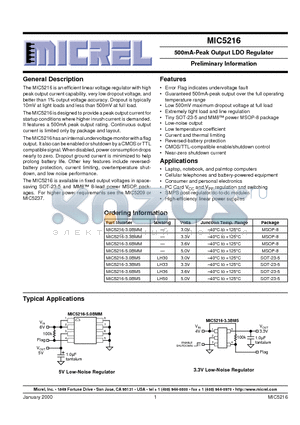 MIC5216-3.0BM5 datasheet - 500mA-Peak Output LDO Regulator Preliminary Information