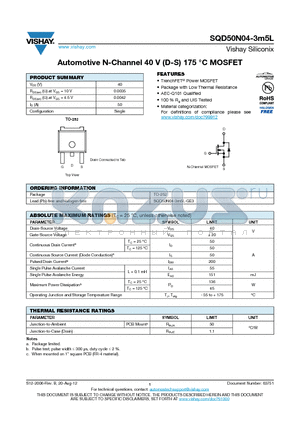 SQD50N04-3M5L datasheet - Automotive N-Channel 40 V (D-S) 175 `C MOSFET