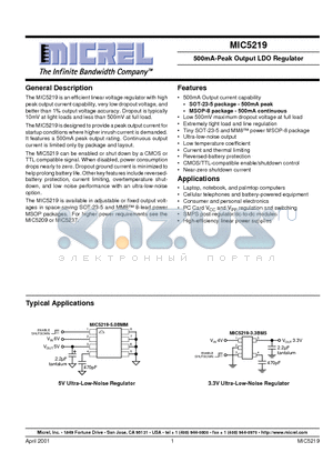 MIC5219-2.5BM5 datasheet - 500mA-Peak Output LDO Regulator