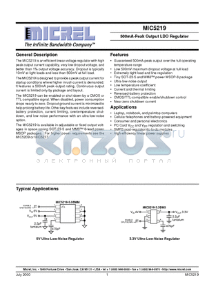 MIC5219-2.7BM5 datasheet - 500mA-Peak Output LDO Regulator