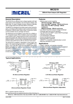 MIC5219-2.85BM5 datasheet - 500mA-Peak Output LDO Regulator