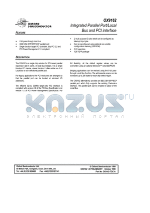 OX9162 datasheet - Integrated Parallel Port/Local Bus and PCI interface