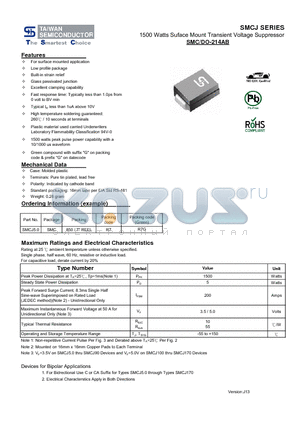 SMCJ150 datasheet - 1500 Watts Suface Mount Transient Voltage Suppressor