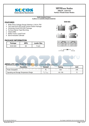 MT5Z20V datasheet - 200mW , SOD-523 Surface Mount Zener Diodes