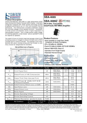 SBA-4089Z datasheet - DC-5 GHz, Cascadable InGaP/GaAs HBT MMIC Amplifier